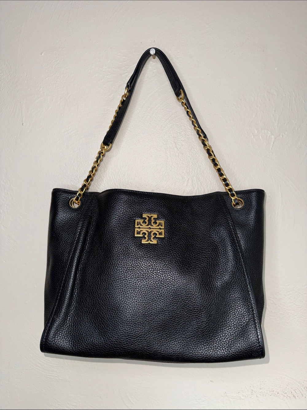 Tory Burch Britten Chain Tote Black Pebbled Leather Gold Hardware Shoulder Bag